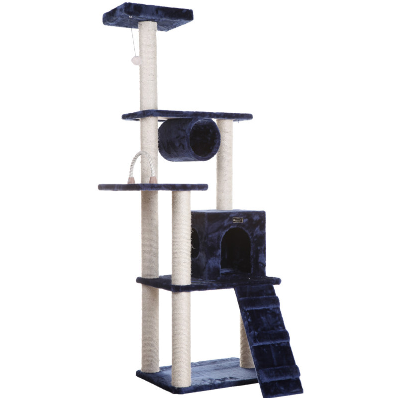 Navy Blue Sisal and Faux Fur Multi-Level Cat Tree Tower