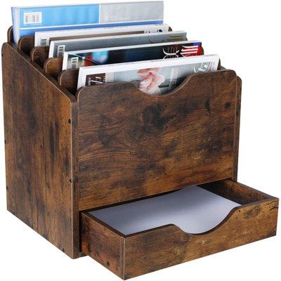 Wood Desktop File Holder Organizer Mail Sorter With Drawer, For File Folders, Mails, Envelopes, Mailing Supplies Or Magazines, 6 Compartments