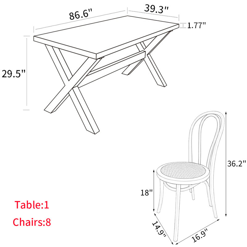 Table de salle à manger American, H 29,5 po x L 86,6 po x l 39,3 po