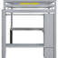 Lit mezzanine double en gris avec bureau en L, garde-robe et rangement, structure en bois, aucun sommier supplémentaire requis, garde-robe robuste,
