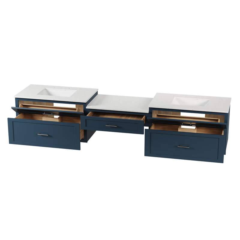 Meuble-lavabo mural flottant double 102 po avec comptoir en quartz Carrara, Bleu