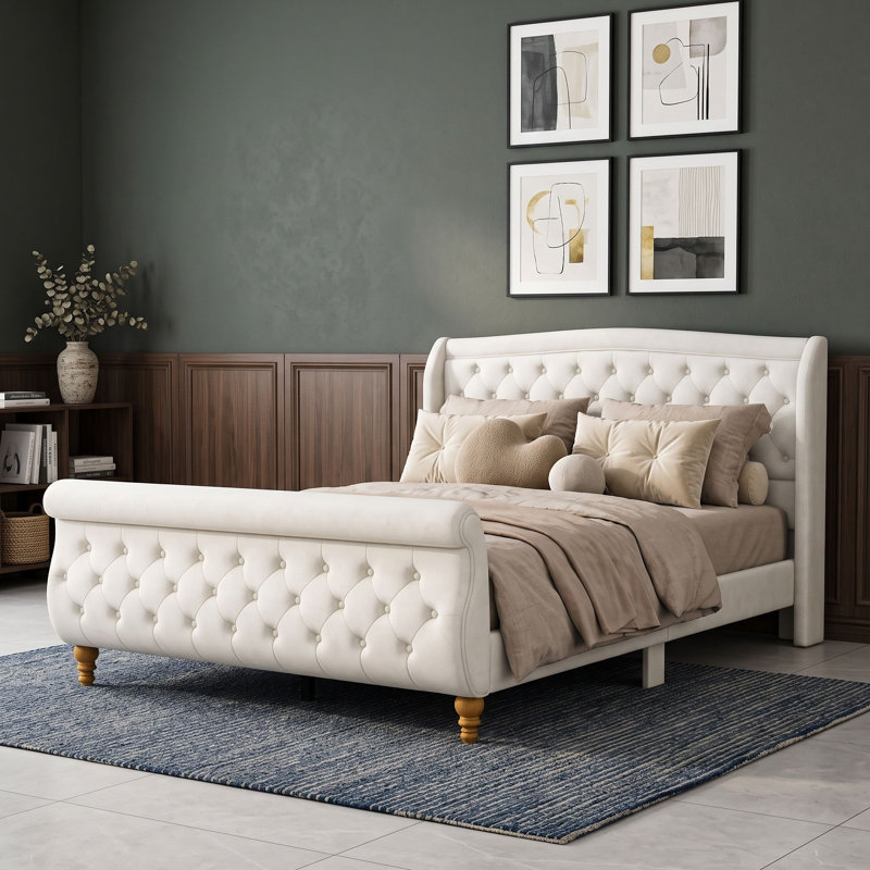 Upholstered Bed, Grand lit, Beige