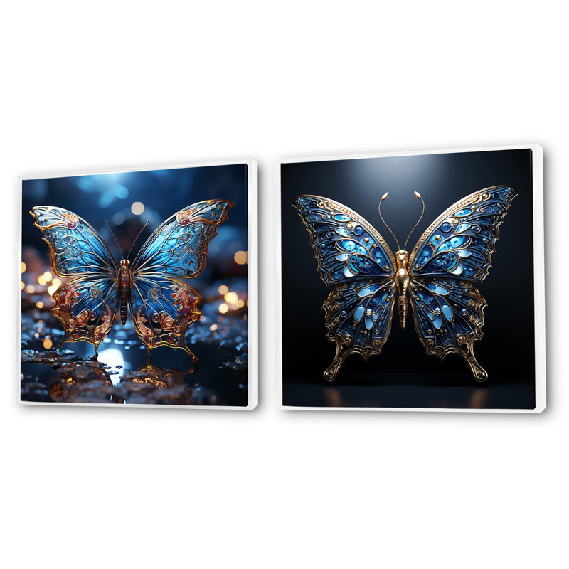 Butterfly Watery Blues - Ensemble de 2 insectes et insectes carrés, Cadre flottant blanc, H 36 po x l 73 po