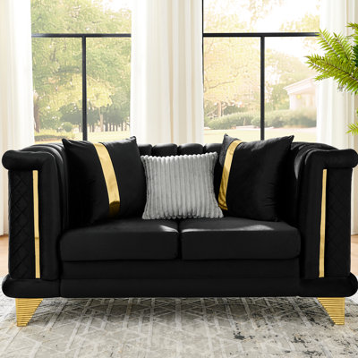 Canapé en velours de luxe de style Mid-Century 69 pouces avec décoration en acier inoxydable doré et 3 coussins pour le salon