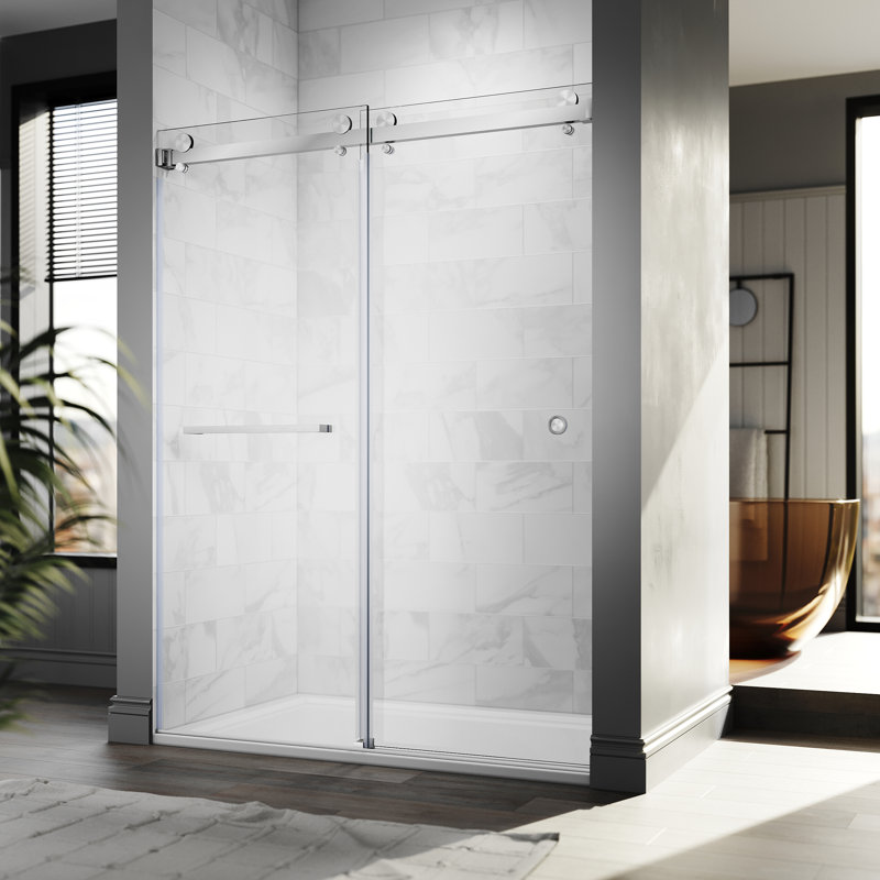 UKD01 61 to 65 in. x 76 in. H Frameless Double Sliding Shower Door with 3/8 in. (10mm) Clear Glass , Brushed Nickel
