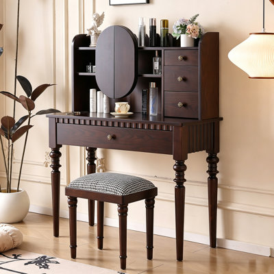 Mid-century Walnut Solid Wood Vanity with Mirror Storage