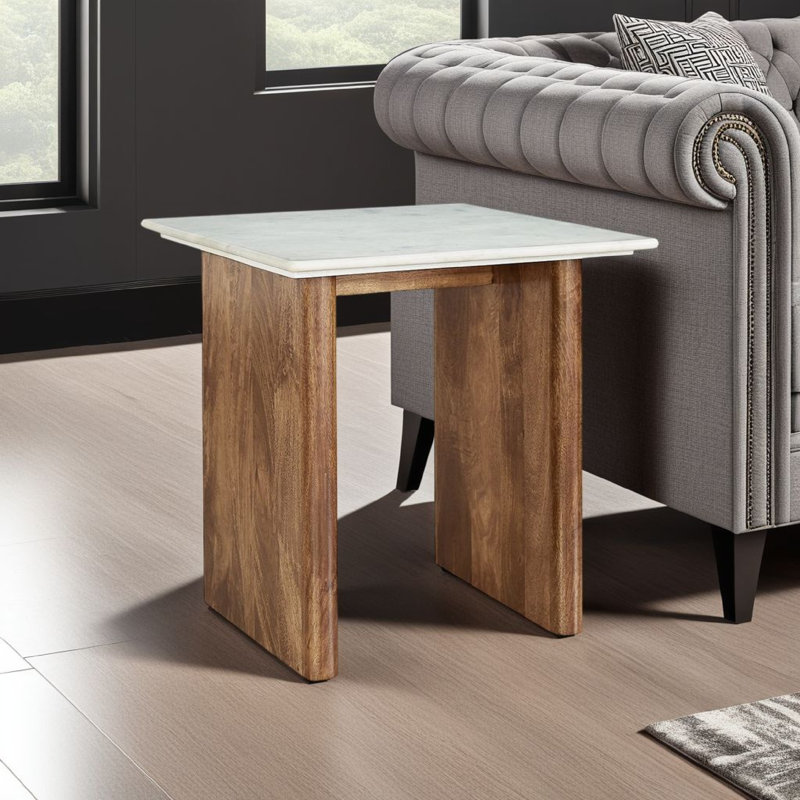 Light Brown and White Mango Wood End Table with Marble Top