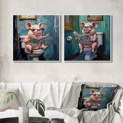 Toilette de toilette lisant le journal I - Art mural animal cochon - Art mural moderne pour le salon 2 pièces