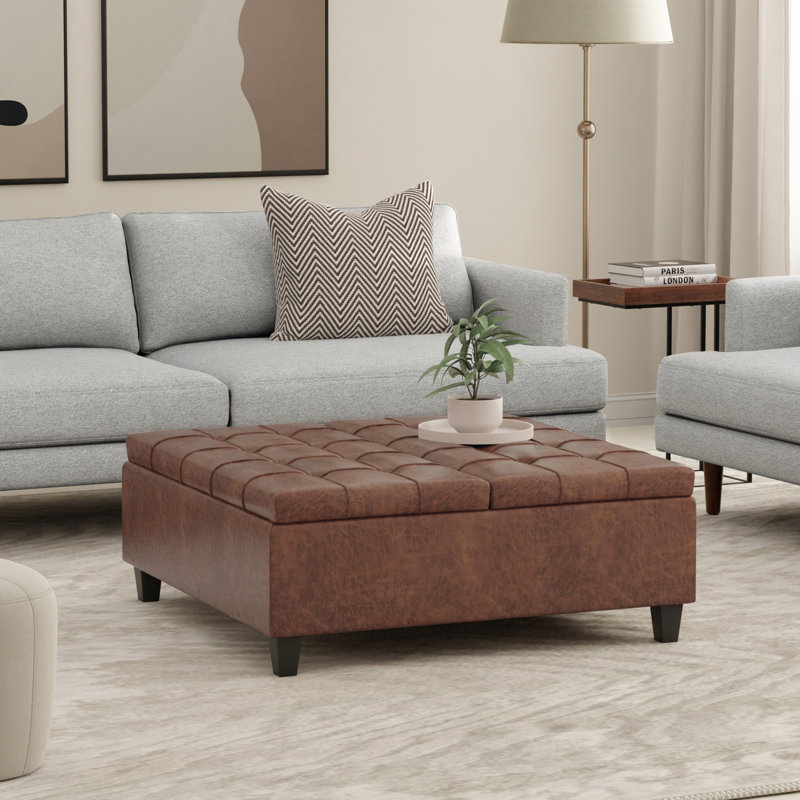 Harrison 40"W Upholstered Transitional Square Lift-Top Ottoman with Sturdy Base, Harrison Brown Vegan Faux Leather