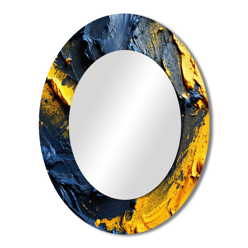 «Rough Love Slavic», peinture abstraite jaune bleu I - décor de miroir mural ovale bleu, 43 po x 33 po