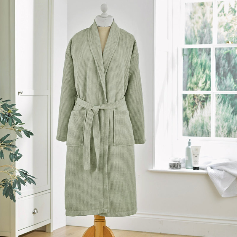 Reffett Waffle Bath Robe Dressing Gown Unisex, Small/Medium, Sage