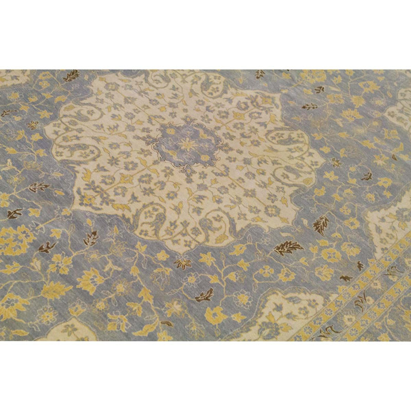 Tapis jaune / bleu / ivoire noué à la main de haute qualité