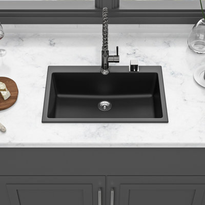 Évier de cuisine en quartz 33 po x 22 po, aspect granit noir, surface composite, solide et hygiénique