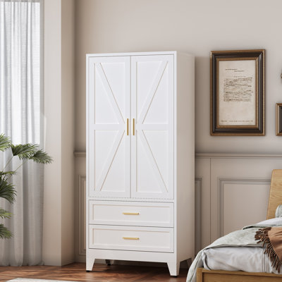 71'' Farmhouse Metal Wardrobe Cabinet With Hanging Rod, 2 Barn Door Wardrobe Closet With Adjustable Shelves,2 Drawer,for Dining Room,bedroom,living Room, Cloak Room,office (white)