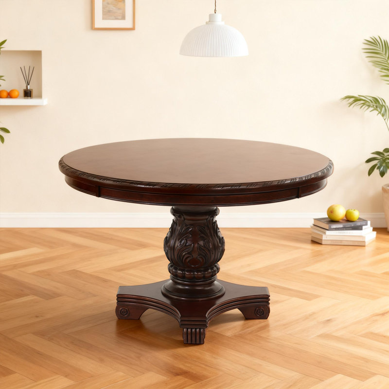 Traditional 48 Inch Round Dining Table With Carved Pedestal Base, Rubber Wood Construction