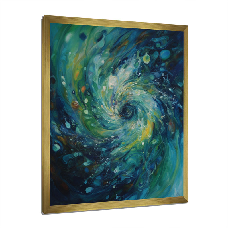 " Blue Green Transcendent Liquid Ink ", 20" H x 12" W x 1" D, Gold Picture Framed