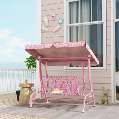 Kids Patio Swing, 2-Seater Outdoor Porch Swing Chair with Adjustable Canopy, Safety Belt, Pink Butterfly Pattern Hanging Swing Bench for Garden, Backyard, Pink