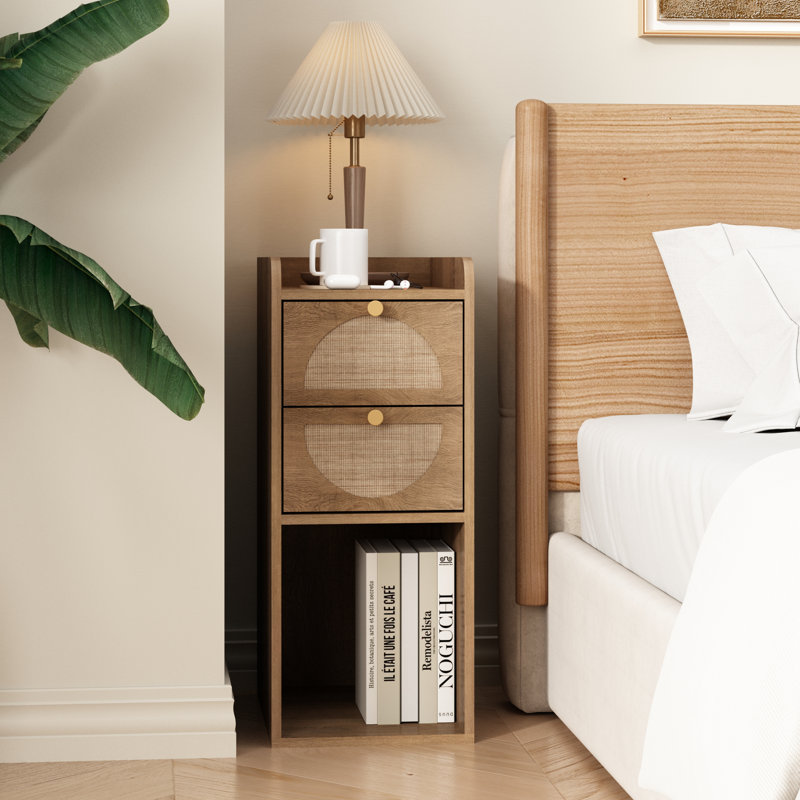 Narrow End Table (Set of 2), Slim Side Table with 2 Arched Rattan Drawers & Storage Mid Century Nightstand, Natural