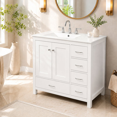 Meuble-lavabo blanc 36 po avec lavabo en céramique, meuble-lavabo autoportant avec 5 tiroirs et 2 portes à fermeture en douceur, petit rangement