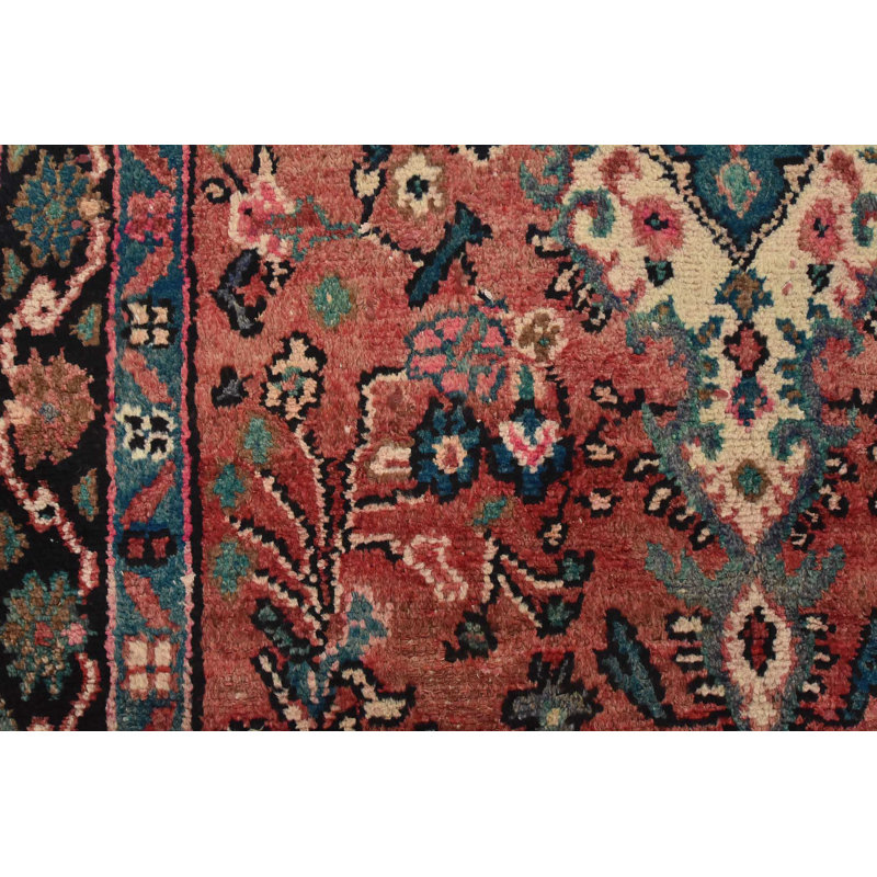 Tapis rouge rétro en laine noué à la main 3 pi 10 po x 9 pi 2 po Tribal Vintage
