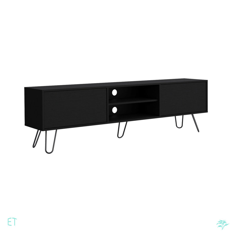 Vassel TV Stand, Entertainment Unit With Hinged Drawers And Hairpin Legs, Black