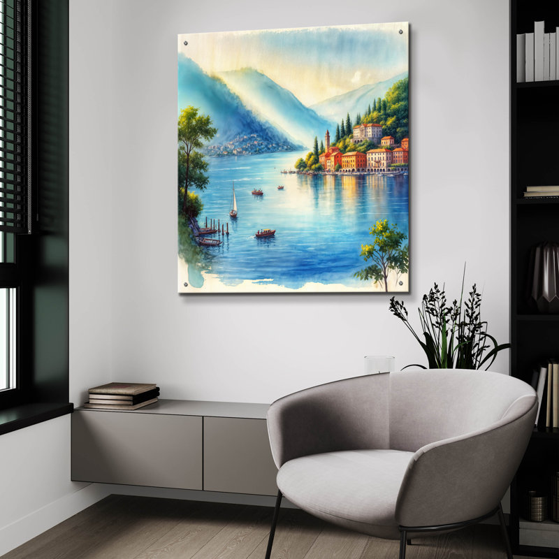 «Lake Como Watercolor» par Rey Klimt, art mural en verre acrylique, H 36 po x l 36 po x P 0,2 po