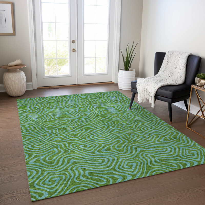 Green Flat Woven Rectangular Synthetic Washable Rug 3' x 5'