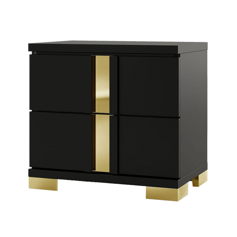 Table de chevet Yoki, 2 tiroirs, moderne glam noir et or, 23 pouces, Noir