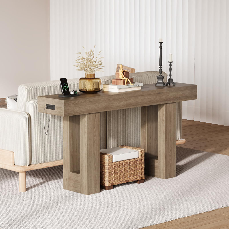 Console 63 pouces avec prise de courant, canapé extra long avec port USB et type C pour le couloir, Gris, Gris