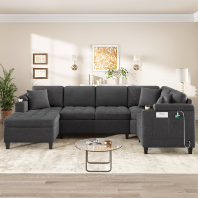 Canapé modulaire moderne en forme de U avec porte-gobelets intégrés, espace de rangement et ports USB pour un confort de salon spacieux, beige