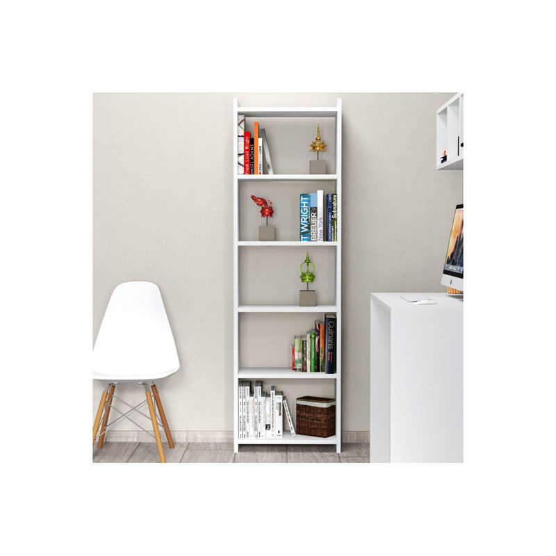 Bibliothèque moderne blanc, 5 tablettes, panneau de particules revêtu de mélamine de 18 mm d'épaisseur, 18,9 po x 62,6 po x 9,3 po | Conception murale pour économiser de l'espace | Solution de rangement élégante et fonctionnelle pour la maison ou le bureau
