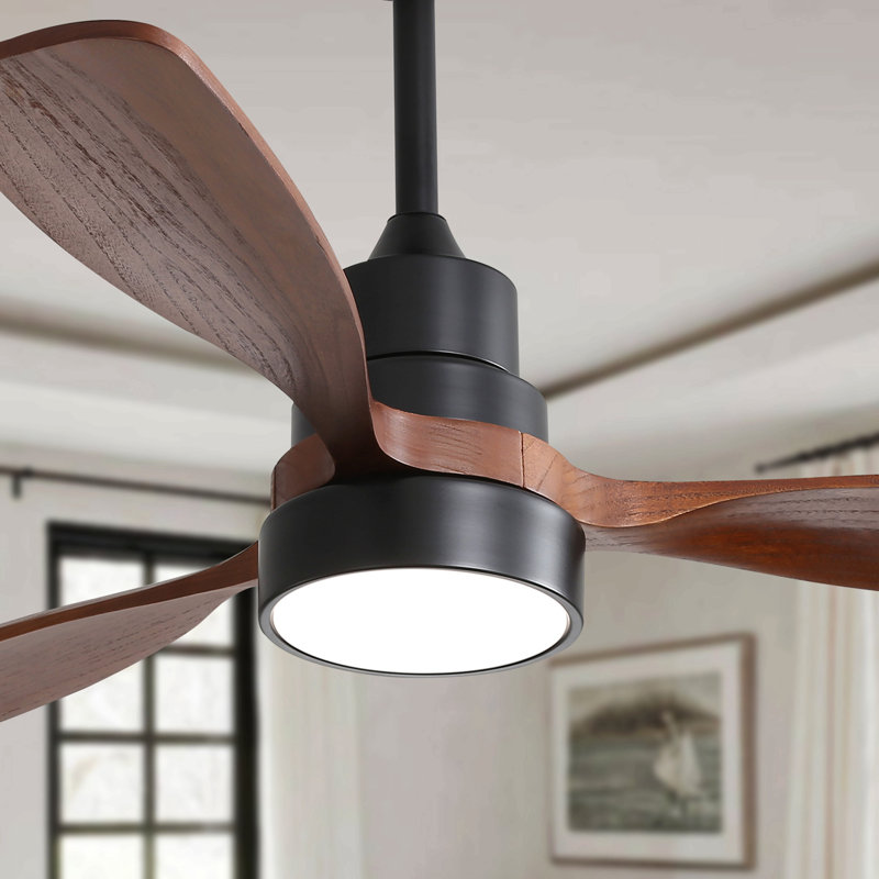 48 Inch Wood Ceiling Fan With 3 Solid Wood Blades Remote Control Reversible DC Motor For Living Room, Brown, Black