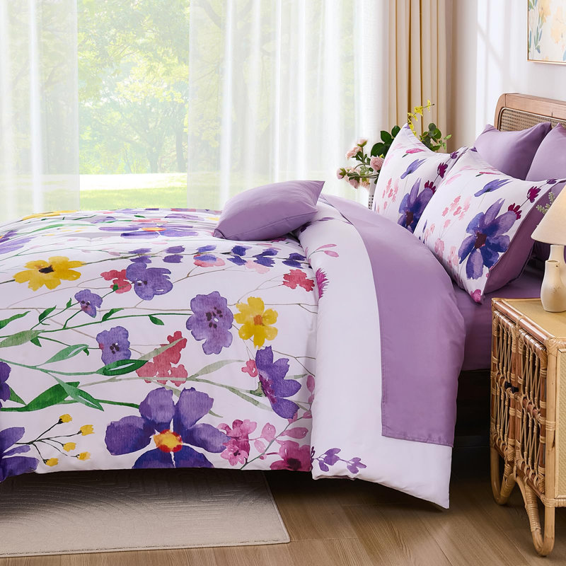 8-Piece Floral Reversible Comforter Set, Soft Microfiber All-Season Complete Bedding Set, Purple