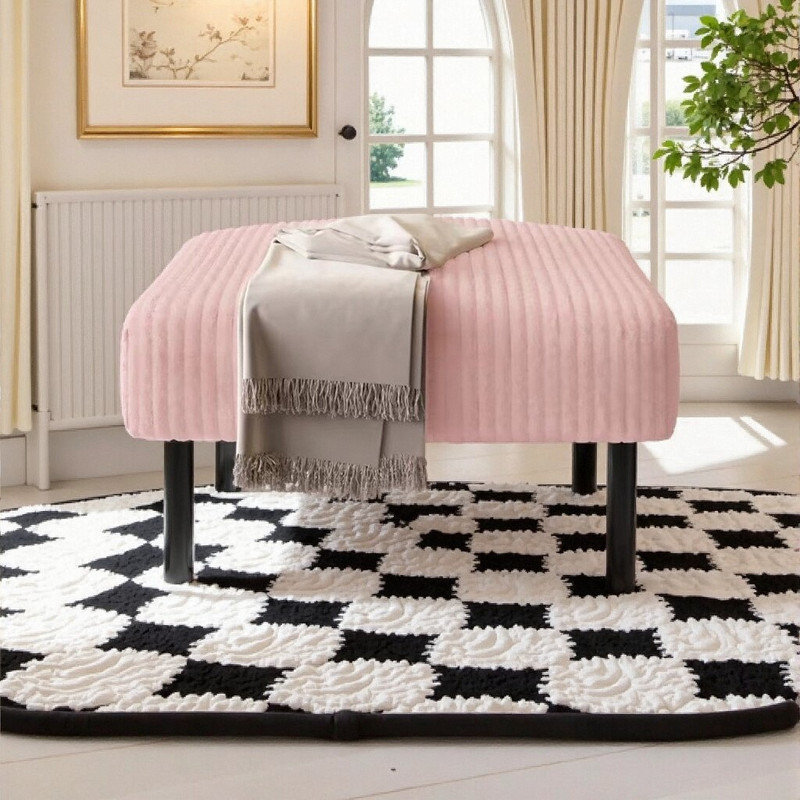Corduroy Ottoman Footstool with Wooden Legs, Soft Padded Seat Footrest for Living Room Bedroom, Pink