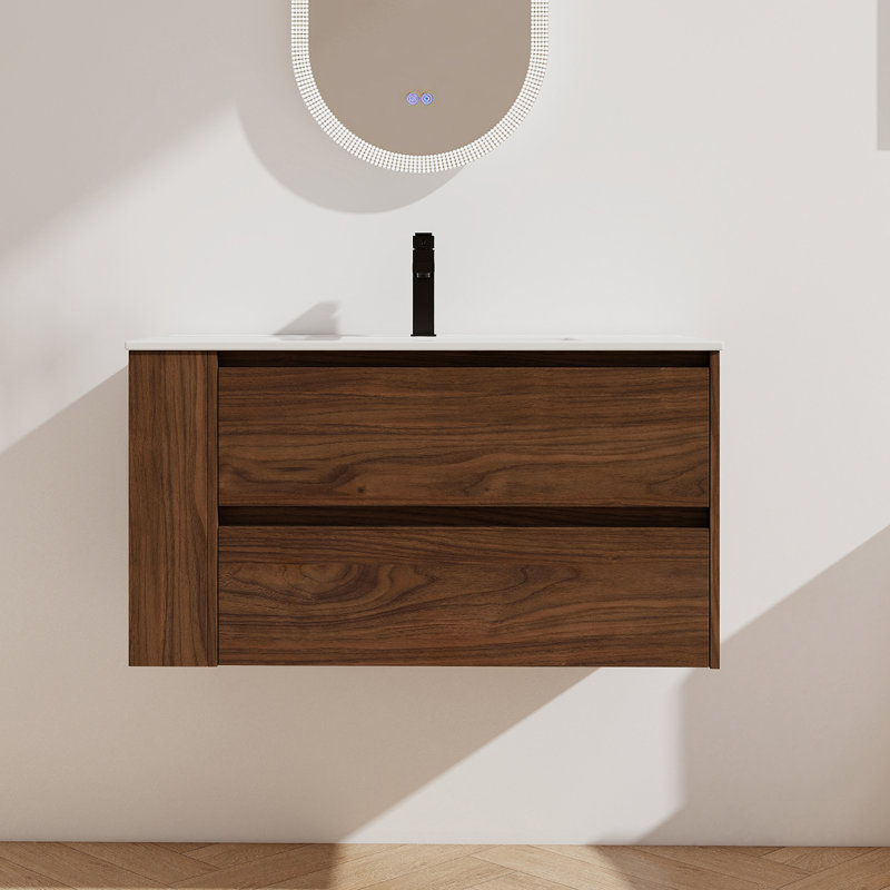 Meuble-lavabo mural 36 po avec lavabo en céramique, Brun foncé