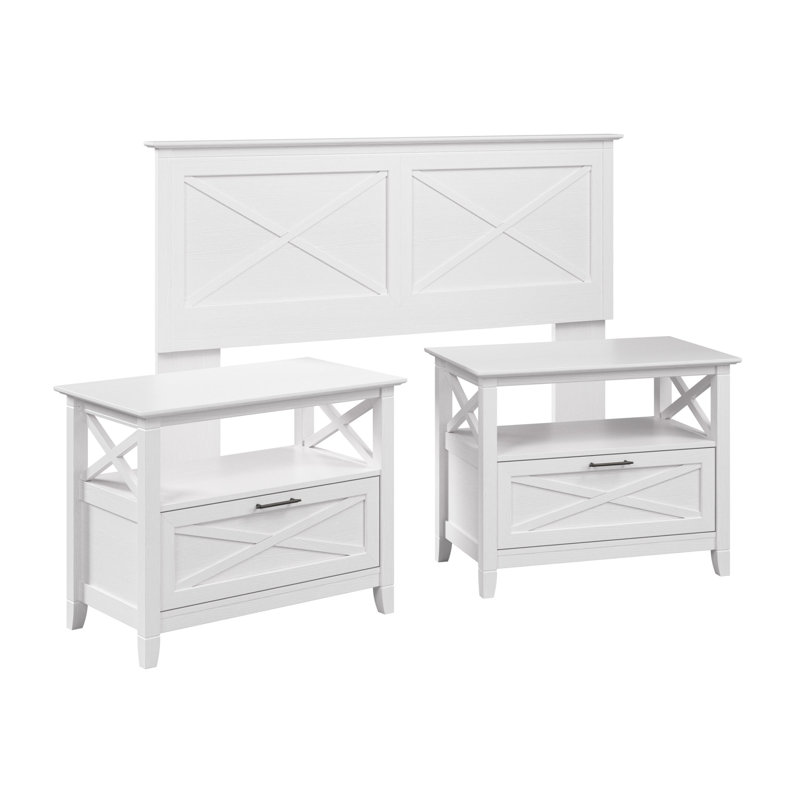 65W Full/Queen Headboard With Set Of 2 Nightstands, Bedroom Furniture, White