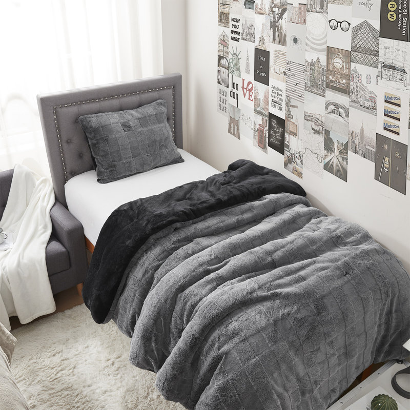 Ensemble d'édredon en fausse fourrure Coma, Édredon pour très grand lit + 2 très grandes ta, Gris