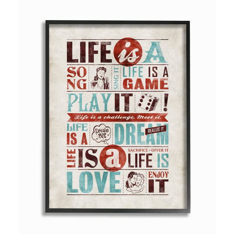 «Life Is a Song Inspirational Comic Book Word Design» par Ester Kay - art textuel sur toile, Giclée encadrée noir minuit