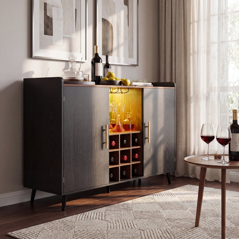 47.2" LED Lighted Coffee Bar Wine Cabinet with 9 Wine Rack, Adjustable Shelves, Glass Holder - Modern Home Liquor Bar Cabinet for Kitchen & Living Room