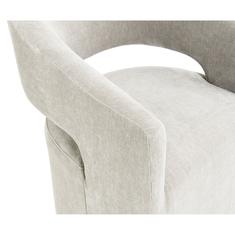 Fauteuil contemporain de style taupe, avec dossier, revêtu de tissu doux, de bois massif et de mousse, avec base sculptée intégrée