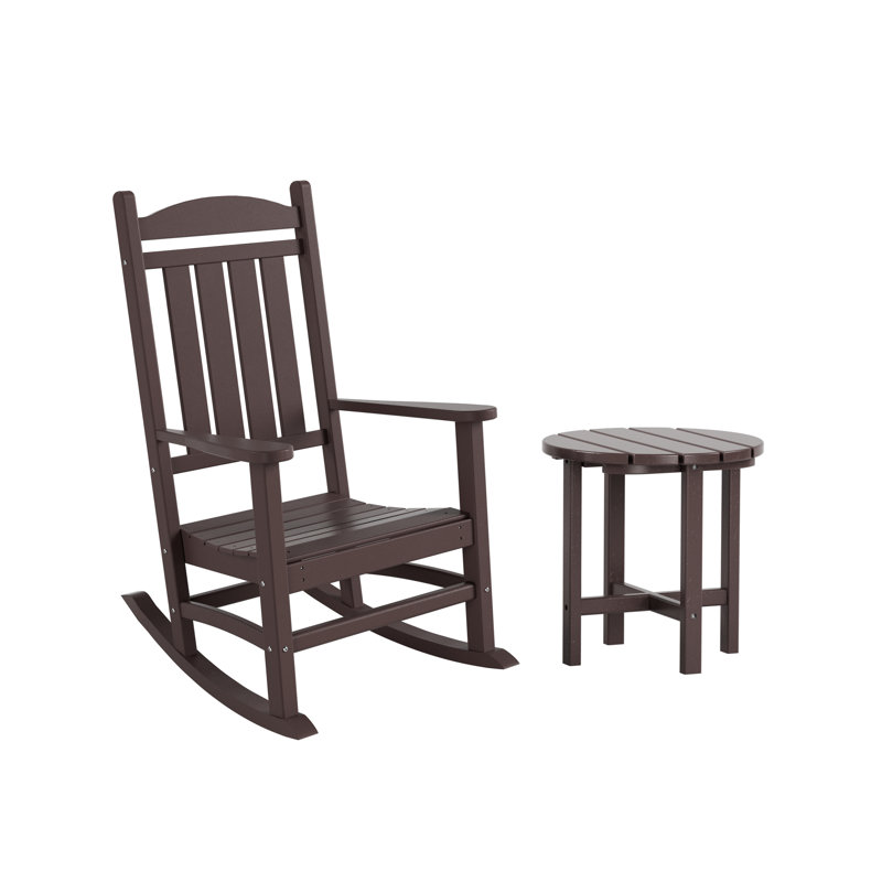 Chaise berçante d'extérieur en plastique avec table de bout Vinnie, Brun foncé