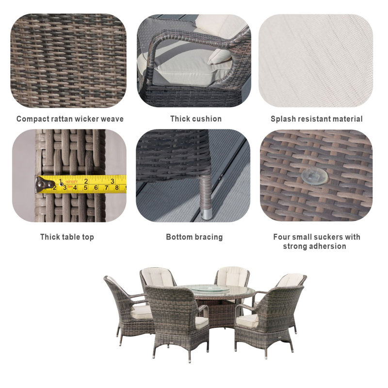 Northpoint 6 - Person Wicker Patio Dining Set with Round Table , Cushions Included, Beige, Brown