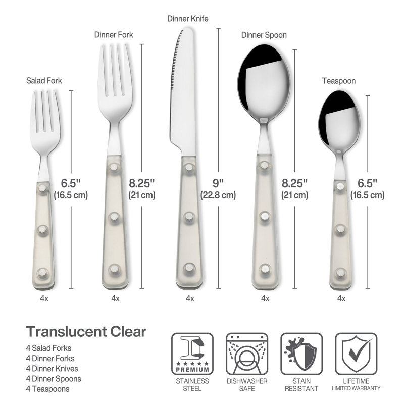 Ensemble de couverts 20 pièces en acier inoxydable translucide 18 pièces Mikasa Living, transparent pour 4, transparent