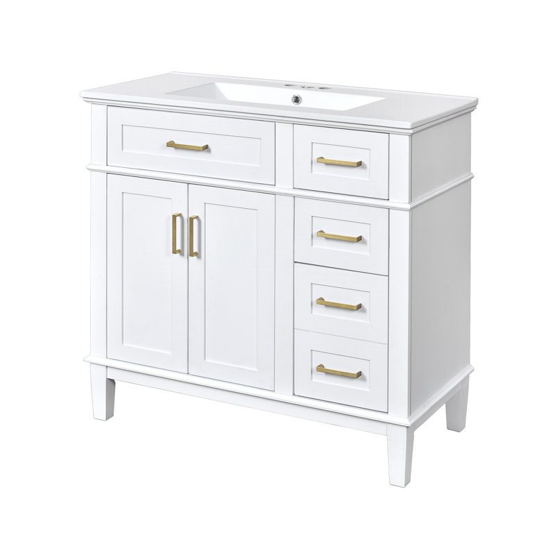 Meuble-lavabo moderne 36 po avec lavabo en céramique blanc, portes à fermeture douce, 4 tiroirs de rangement, conception élégante pour les petites salles de bain