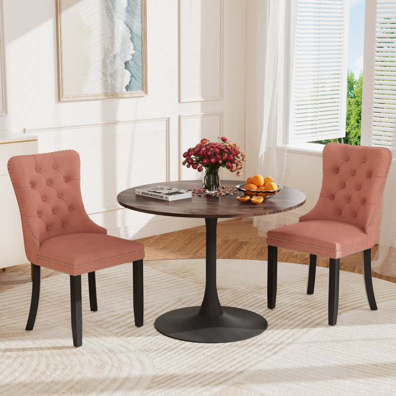 Round Pedestal Dining Set with 2 chairs, Brown/Black, Pink