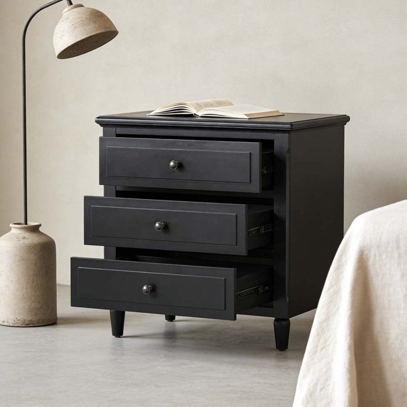 Table de chevet 28 po en bois de pin avec 3 tiroirs et rails coulissants lisses, Noir