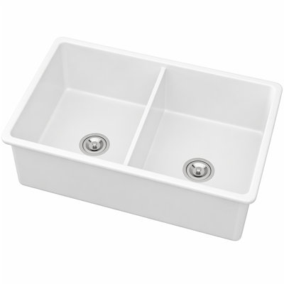 32"x19"x10" Undermount Double Bowl Fireclay Kitchen Sink - Dual Mount White Porcelain Fireclay Rectangular Deep Double Bowl Sink Basin