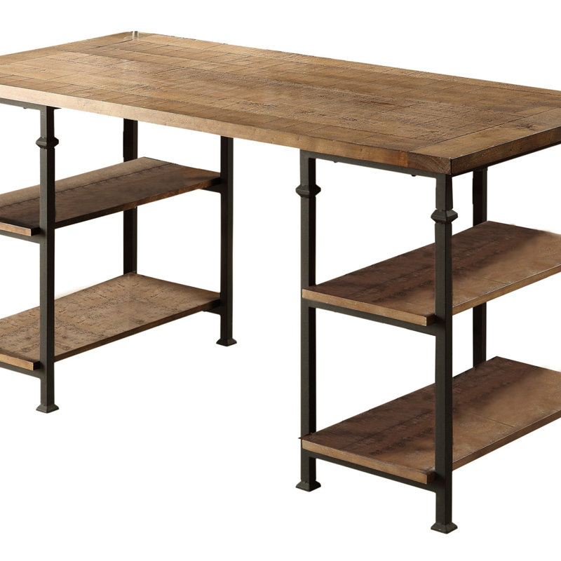 Bureau vintage rétro avec 4 tablettes ouvertes, finition rustique en peuplier, bois massif et métal, design moderne pour le bureau et la maison