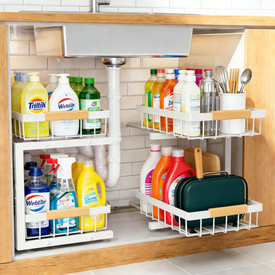 2-Pack Under Sink Organizer, 2-Tier Expandable Height, White XL For Bathroom And Kitchen