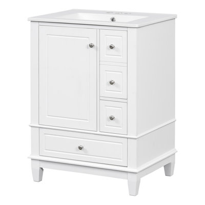 Meuble-lavabo 24 po avec lavabo et tiroirs, meuble-lavabo autoportant blanc avec plateau en céramique et tablettes de rangement, panneau de fibres à densité moyenne et base en bois massif, meuble-lavabo moderne pour petites salles de bain